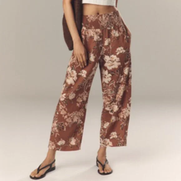 Anthropologie Linen Barrel Leg Floral Reese Smocked Pull On Pants Size Large - Picture 1 of 10